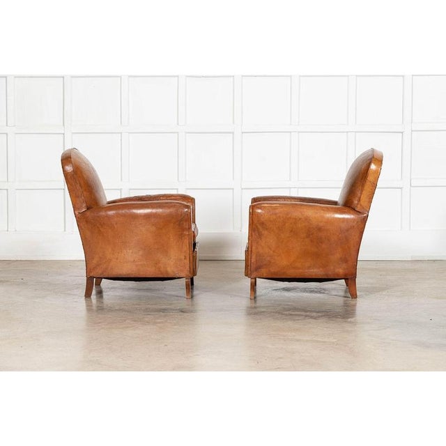 1920s English Tan Leather Club Armchairs, 1920, Set of 2 For Sale - Image 5 of 17