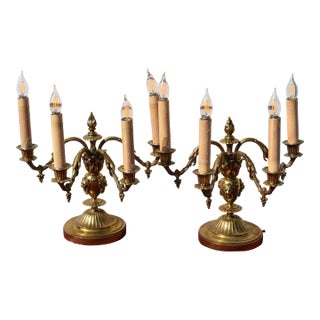 Pair of Early 20th Century Table Top 4 Lights Candelabra Victorian Style Lamps with Lion Heads in Brass For Sale