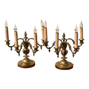 Pair of Early 20th Century Table Top 4 Lights Candelabra Victorian Style Lamps with Lion Heads in Brass