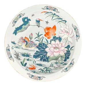 Early 20th Century Monumental Chinese Export Decorative Charger Plate With Pond Scene