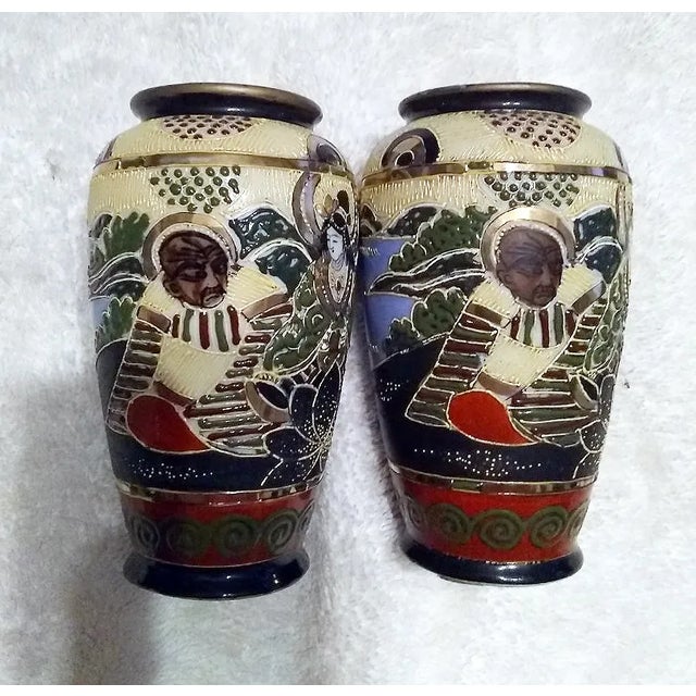 Mid-Century Modern Vintage Mid-Century Japanese Satsuma Moriage Porcelain Vases - A Pair For Sale - Image 3 of 8