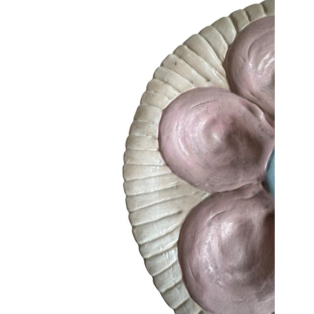 Vintage Hand-Painted Ceramic Oyster Serving Platter Pink Oyster Plate With Center Sauce Well Coastal Cottage Entertaining For Sale - Image 9 of 9