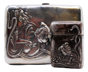 Silver Matchbox with Engravings and Lighter, Set of 2