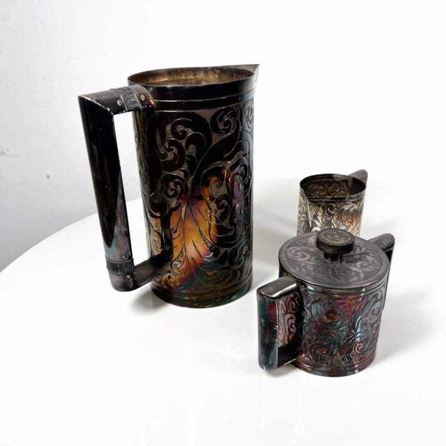 Metal 1900s Hand Wrought Embossed Sterling Silver Pitcher Set Creamer and Sugar For Sale - Image 7 of 13