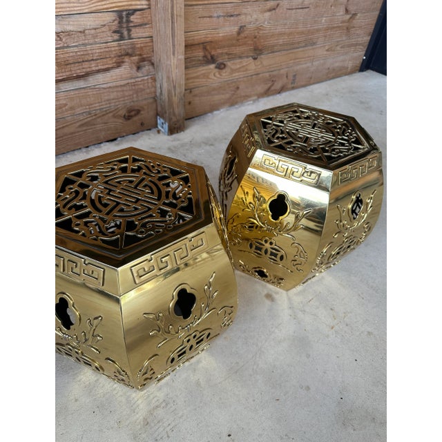 Brass Pair Vintage Pierced Brass Chinese Garden Stools With Removable Cushions For Sale - Image 8 of 11