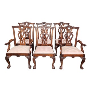 Mid 20th Century Set of 6 Chippendale Style Mahogany Carved Dining Chairs Claw & Ball Feet For Sale