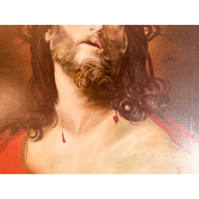 Wood Antique Oil Portrait of Jesus Christ With Crown of Thorns Shoulder Draped With Scarlet Robe Painted in 1922 D Ferreiro For Sale - Image 7 of 11
