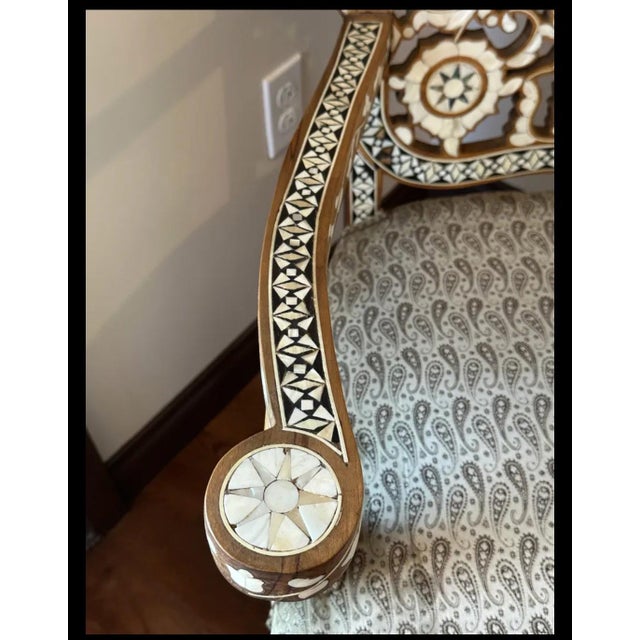 Shell Mid 20th Century Handcrafted Syrian Mother of Pearl & Abalone Inlaid Moorish Armchair | Damascus Style | Carved Hardwood Accent Chair For Sale - Image 7 of 12