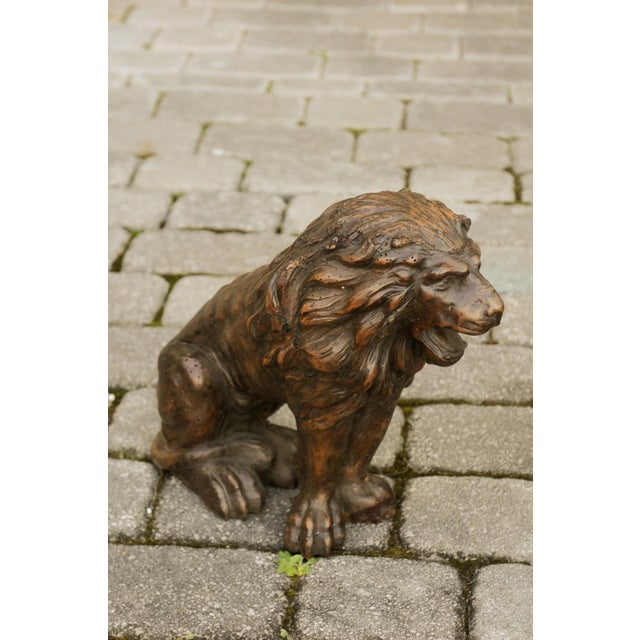 Wood Pair of Italian 1880s Small Walnut Hand Carved Lion Sculptures with Dark Patina For Sale - Image 7 of 12