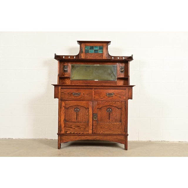 Liberty & Co. Antique English Arts & Crafts Oak Sideboard With Stained Glass Door, Circa 1900 For Sale - Image 16 of 16