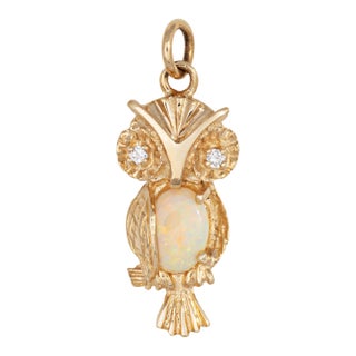 Owl Pendant Vintage 14k Yellow Gold Opal Diamond Eyes Estate Charm Jewelry For Sale