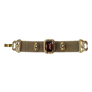 Gold-Tone Woven Mesh Bracelet With Rectangular Glass Setting Deep Purple For Sale