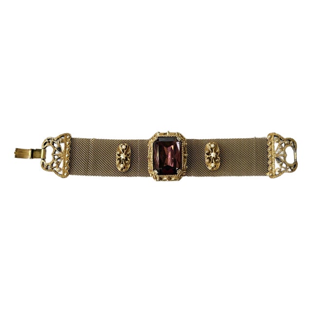 Gold-Tone Woven Mesh Bracelet With Rectangular Glass Setting Deep Purple For Sale