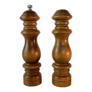 Mid Century Vintage Solid Turned Hardwood Salt Shaker & Pepper Grinder Set – Made in Japan For Sale