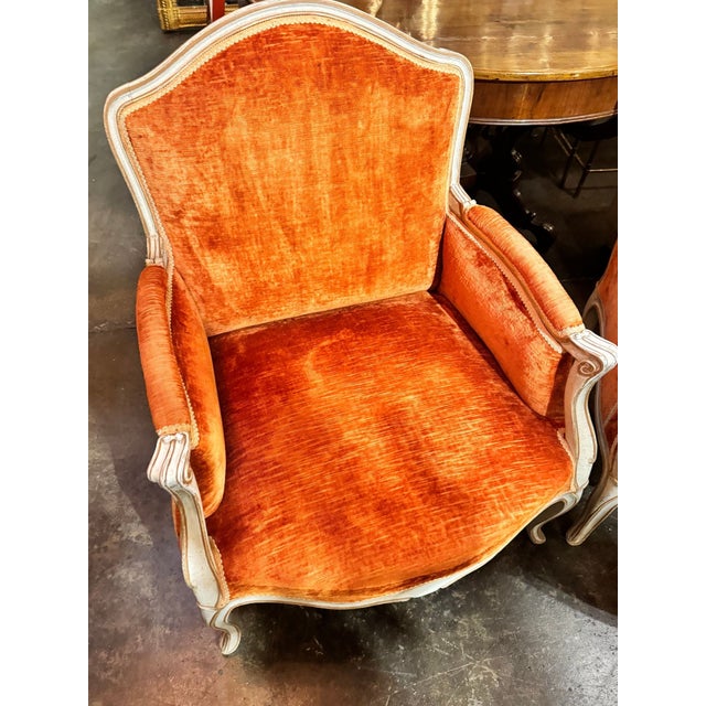 Orange Pair of Large Vintage French Louis XV Painted Bergeres For Sale - Image 8 of 10