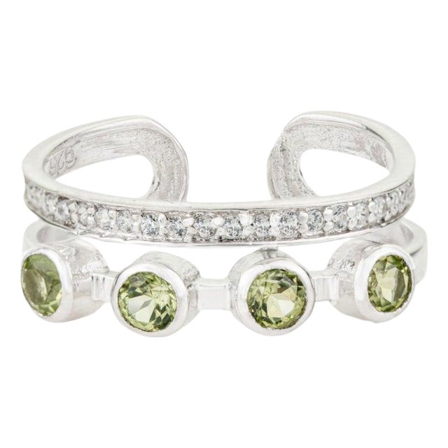 Sterling Silver August Birthstone Minimal Ring With Peridot & Zircon, Size 7.5 For Sale