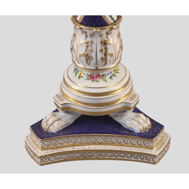 Blue Mid 20th Century Vintage Dresden Classical Greek Column Painted Floral Gilded Claw Feet Lamp For Sale - Image 8 of 10
