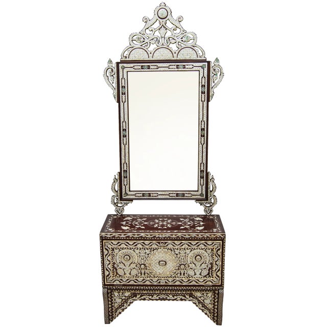 Vintage Hand-Carved Mother-Of-Pearl Inlaid Console Table & Mirror Set For Sale - Image 13 of 13