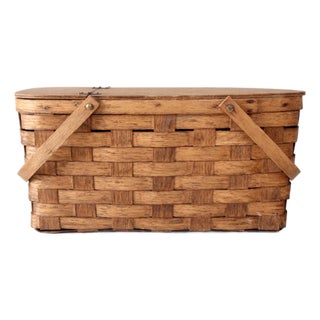 Vintage Splint Wood Picnic Basket For Sale