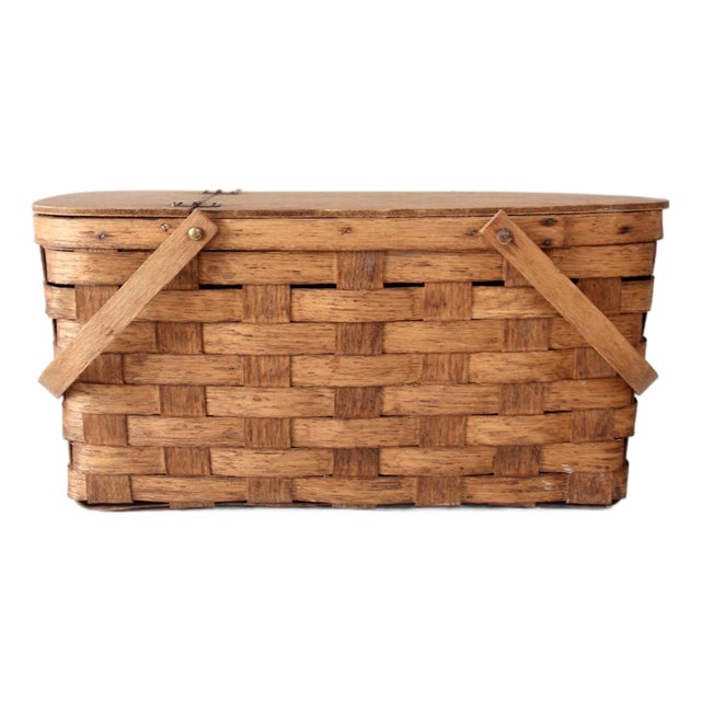 Vintage Splint Wood Picnic Basket For Sale