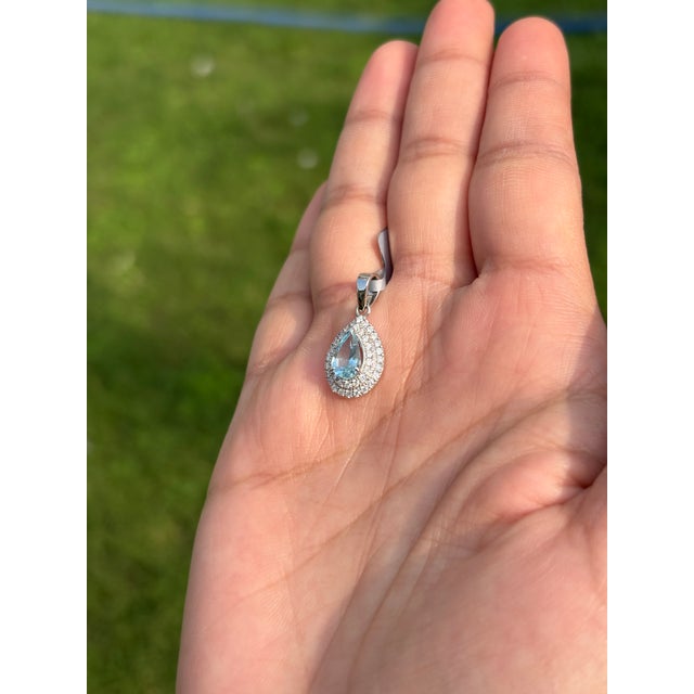 Vintage Aquamarine Diamond Double Halo Drop Pendant in 14k Gold For Sale In New York - Image 6 of 14