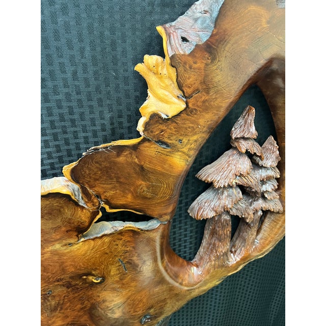1980s Large Redwood Burl Live Edge Slab With 2 Carved Trees Wall Hanging Sculpture For Sale - Image 4 of 12