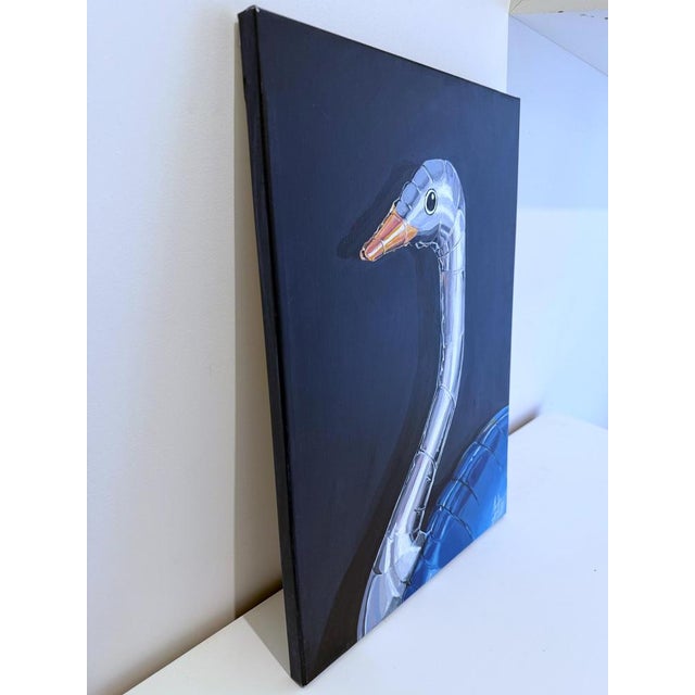 Acrylic painting depicting a silver inflatable ostrich shown in profile, emphasizing reflective surface, segmentation, and...