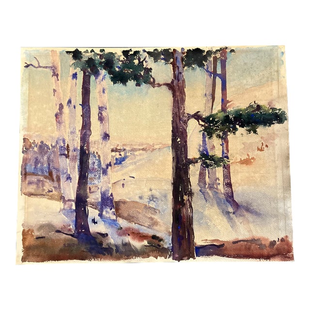 1970’s Vintage Modernist Tree Lined Landscape Watercolor Painting Signed For Sale