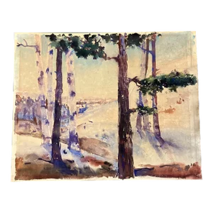 1970’s Vintage Modernist Tree Lined Landscape Watercolor Painting Signed