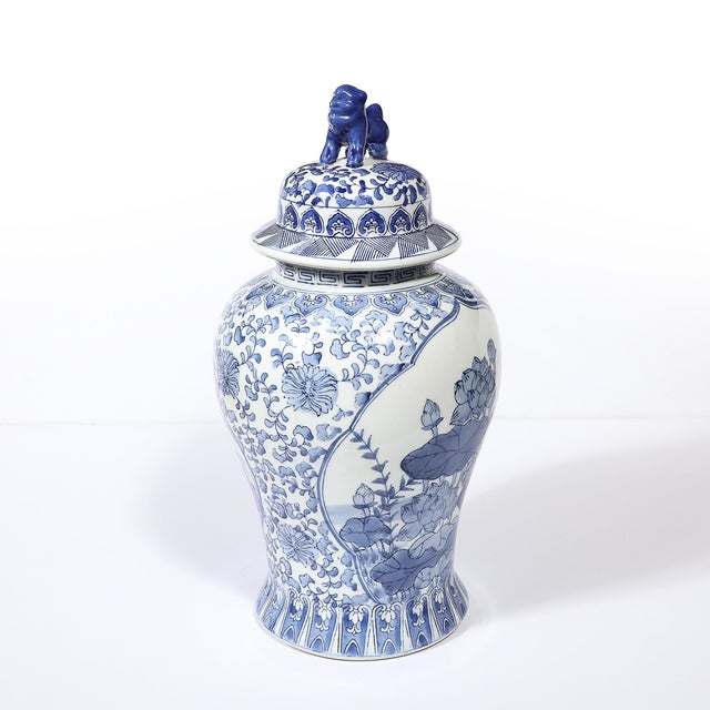 Chinese Hand Painted Blue and White Fudog and Flower Temple Jar For Sale - Image 15 of 18