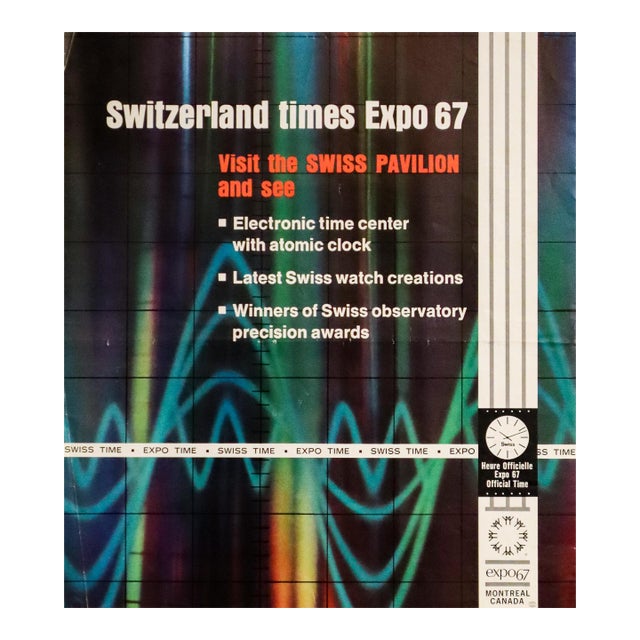 1967 Original Expo 67 Poster - Switzerland Times, Visit the Swiss Pavilion - Atomic Clock For Sale