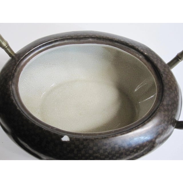 Brown 1980s Castilian Brown Porcelain Lidded Jar Sculpture With Twisted Vine Design Brass Handle For Sale - Image 8 of 12