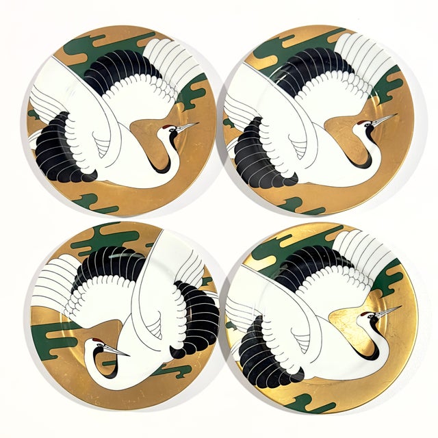 Fitz and Floyd Vintage Fitz & Floyd "Golden Tancho Stork" Salad / Dessert Plates - Set of 4 For Sale - Image 4 of 10