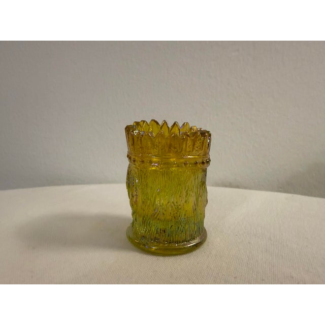 Victorian 1960s Amber Carnival Glass Face Toothpick Holder | Figural Glass Crown Vase / Trinket Cup For Sale - Image 3 of 8
