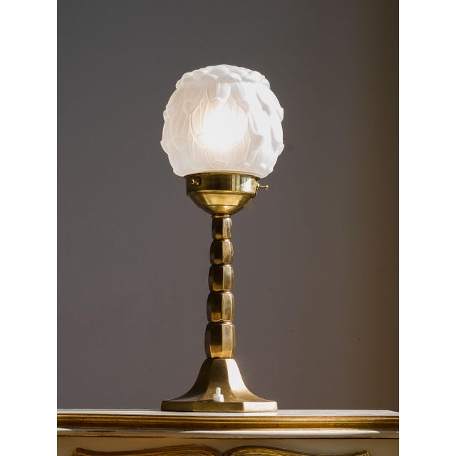 Gold Art Deco Brass Table Lamp with Frosted Glass Shade, 1930s For Sale - Image 8 of 8