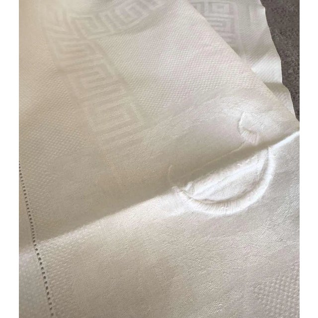 Asian Antique Antique French Heirloom Linen Hand Towel Monogram D Greek Key Wreath Jacquard Trousseau Linen Hemstitched Guest Towel Oversized For Sale - Image 3 of 9