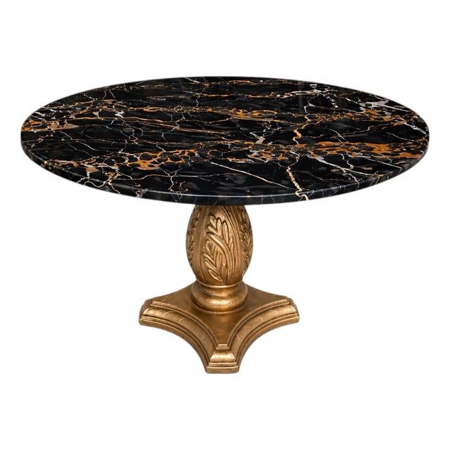 Vintage Black & Gold Marble Coffee Table With Gilt Pedestal Base – Hollywood Regency / MCM For Sale