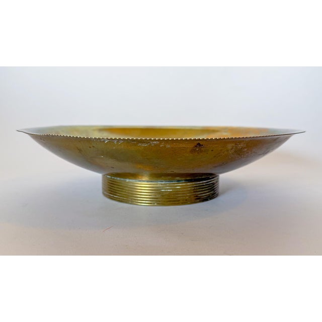 Large Micro scalloped edge brass pedestal bowl for Chase, c.1930s, USA. The solid patinated brass Art Deco bowl features a...