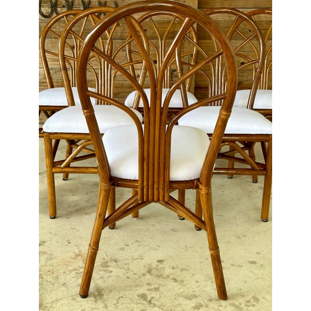 Set of 6 Restored Coastal Rattan Dining Chairs in White Sunbrella For Sale - Image 10 of 11
