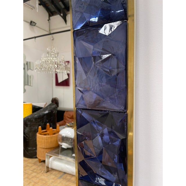 Contemporary Brass & Blue Murano Glass Wall Mirror For Sale - Image 4 of 11