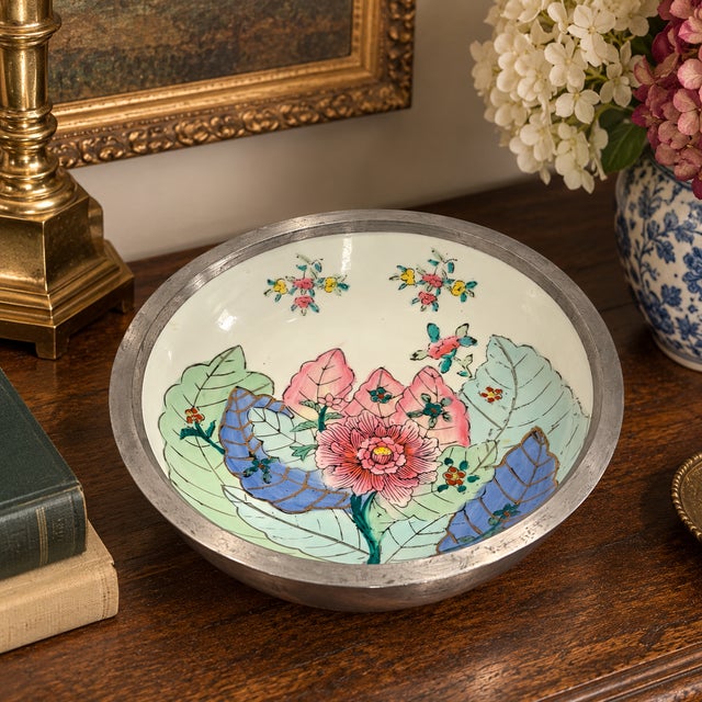 Metal Vintage Chinese Tobacco Leaf Style Porcelain & Pewter-Tone Bowl For Sale - Image 7 of 8