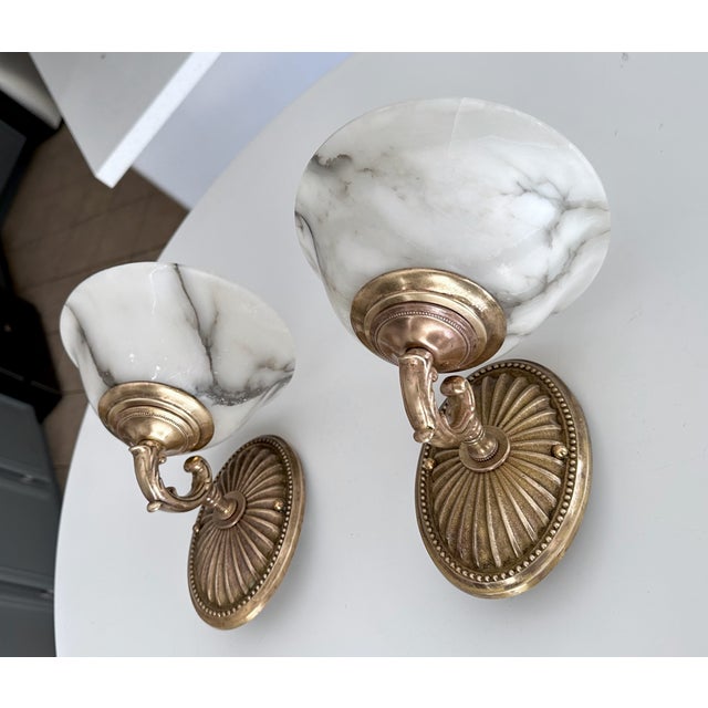 1980s Pair Brass Alabaster Sunburst Wall Sconces For Sale - Image 5 of 18