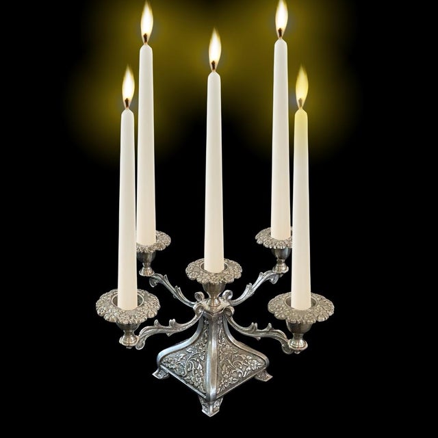 French Two Vintage Candelabras Five Arm and Three Arm. Silver Tone. Wedding, Event, Dining Room, Styling, Party, Mantle. For Sale - Image 3 of 6
