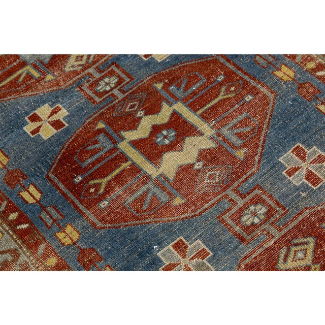 Antique Malayer Runner Rug With Geometric Medallions in Muted Blue & Rust For Sale In New York - Image 6 of 9