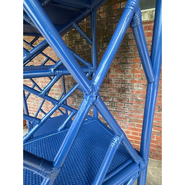 Ink Blue Vintage Chinoiserie Chippendale Style Blue Rattan Bookcase Etagere - Newly Painted For Sale - Image 8 of 11