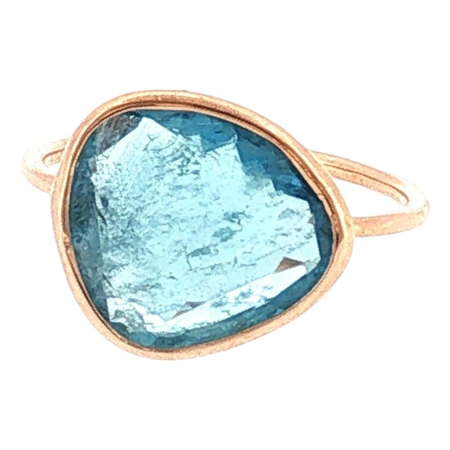 21st-Century 14 Karat Rose Gold Natural Aqua Bezel Ring, Size 7 For Sale