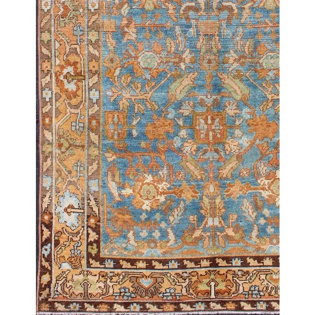 Tribal Botanical Design Persian Malayer Antique Rug in Blue, Rust, and Orange Tones For Sale - Image 3 of 12