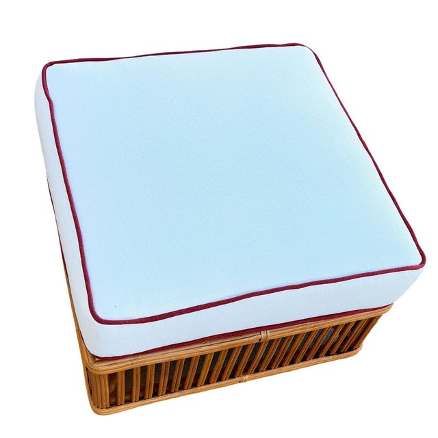 Art Deco Style "Presidents" Stick Reed Rattan Nantucket Ottoman Footstool For Sale In Los Angeles - Image 6 of 6