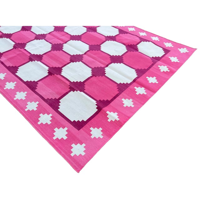 Handwoven Cotton Area Rug Vegetable Dyed Raspberry PInk and White Tile Patterned Gingham Dhurrie - 8'x10' For Sale - Image 6 of 10