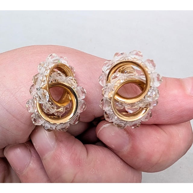Transparent Vintage 1962 Signed Napier Goldtone Clear Beaded Figure-8 Clip Earrings- 2 Pieces For Sale - Image 8 of 8